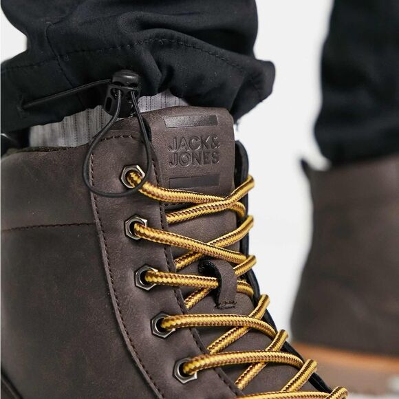 Jack & Jones faux leather brown size 8 lace up‎ boots in cognac brown NWT in box main image 12